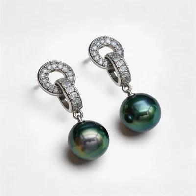 S925 Silver Pave Interlocking Loop Tahitian Pearl Earrings