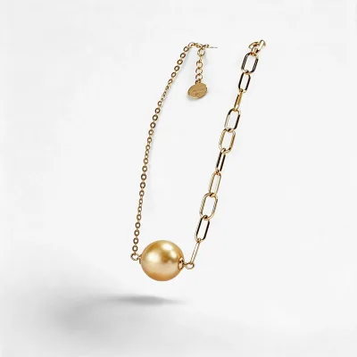 18K Gold Golden Pearl Asymmetric Paperclip Chain Bracelet