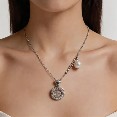 S925 Silver Geometric Hollow Filigree Round Pearl Necklace
