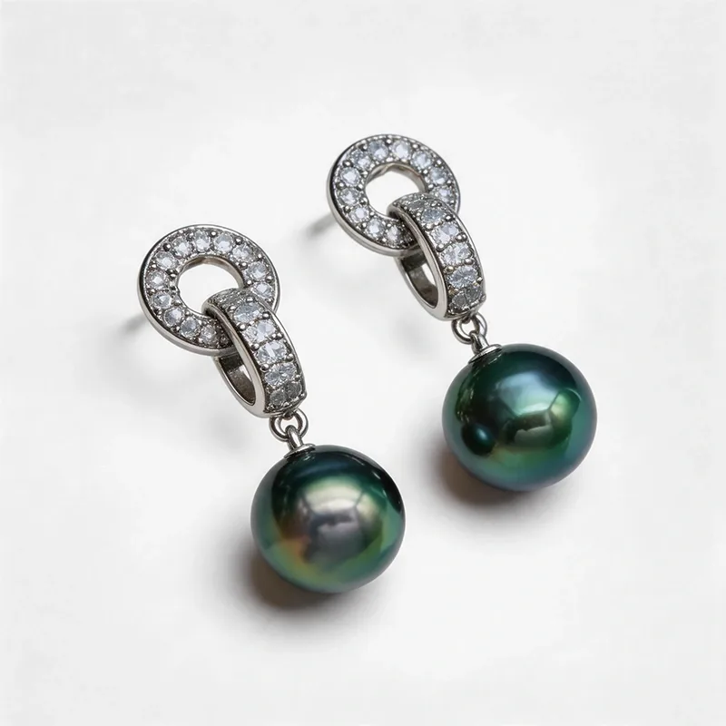 S925 Silver Pave Interlocking Loop Tahitian Pearl Earrings
