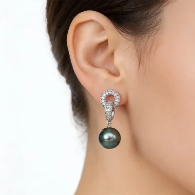 S925 Silver Pave Interlocking Loop Tahitian Pearl Earrings