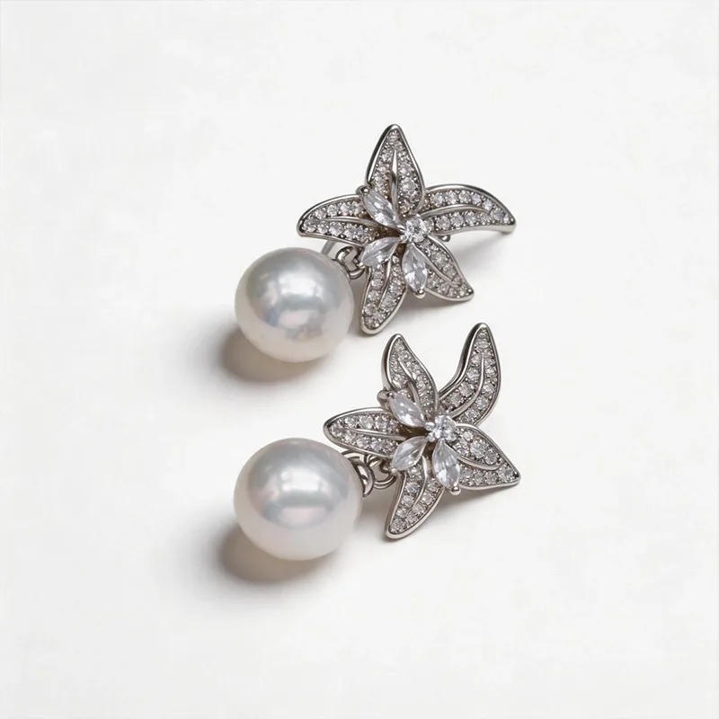 S925 Sterling Silver Crystal Starburst Pearl Drop Earrings