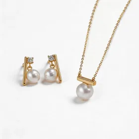 18K Gold Minimalist Geometric Bar Pearl Pendant Necklace