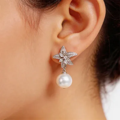 S925 Sterling Silver Crystal Starburst Pearl Drop Earrings