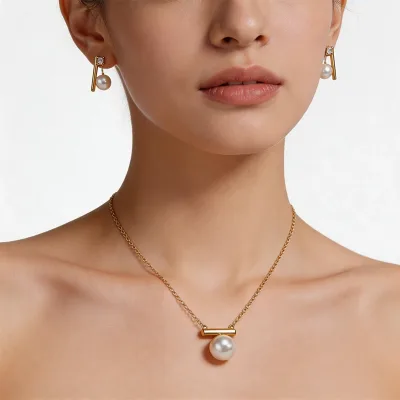 18K Gold Minimalist Geometric Bar Pearl Pendant Necklace