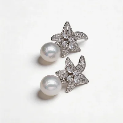 S925 Sterling Silver Crystal Starburst Pearl Drop Earrings