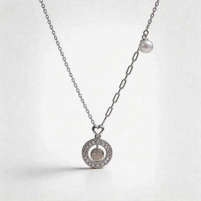 S925 Silver Geometric Hollow Filigree Round Pearl Necklace